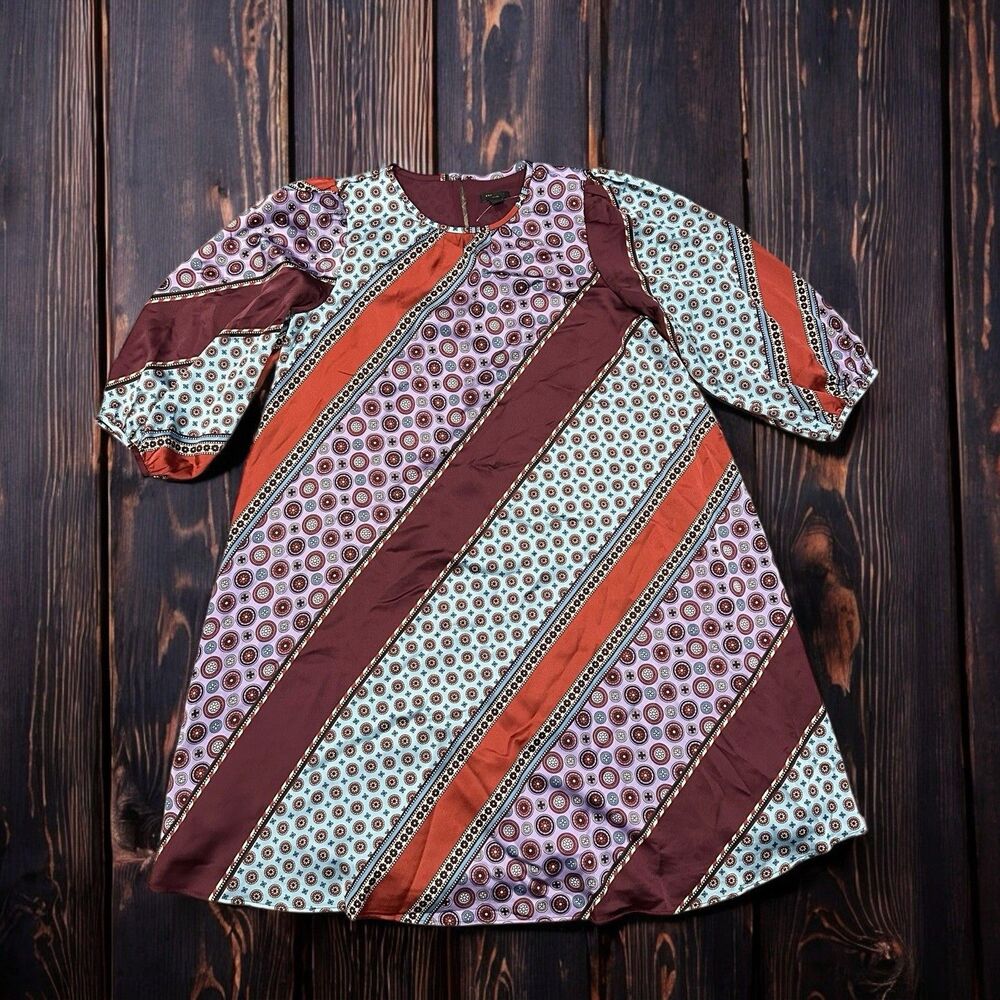 Ann Taylor Womens Boho Tunic Dress Geometric  Satin Retro‎ Style 2P Petite Puff